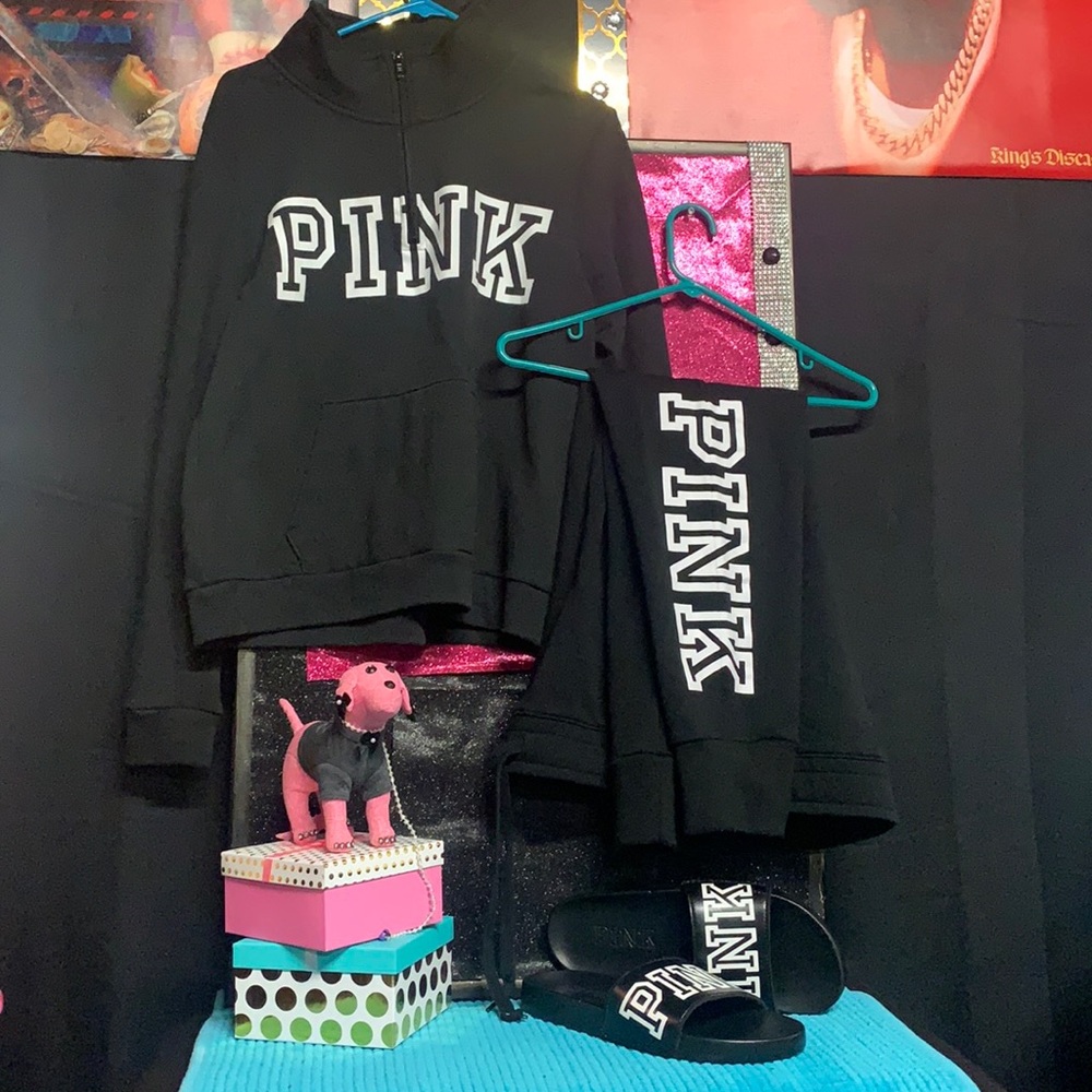 Victoria's Secret Black Zip Up Pullover Sweatshirt Outfit With Pink Sandals.